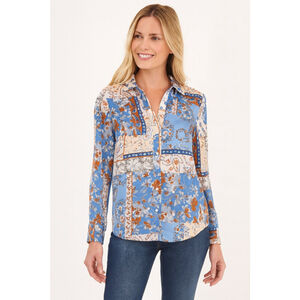 Women's Joie Patchwork Floral Button-Up Blouse XS Blue White Brown